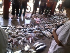 MENJAMUR : Seorang pedagang ikan dadakan sedang melayani pembelinya yang ramai